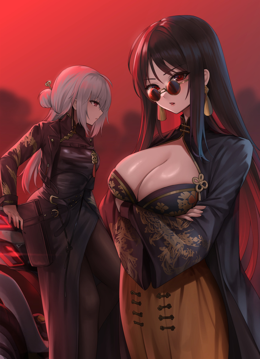 2girls absurdres black_hair blush breasts cleavage closed_mouth colored_inner_hair commentary crossed_arms earrings english_commentary glasses goddess_of_victory:_nikke highres japanese_clothes jewelry kurone_rinka large_breasts long_hair long_sleeves looking_at_viewer moran_(nikke) multicolored_hair multiple_girls parted_lips red_background red_hair sugar_(nikke) sunglasses