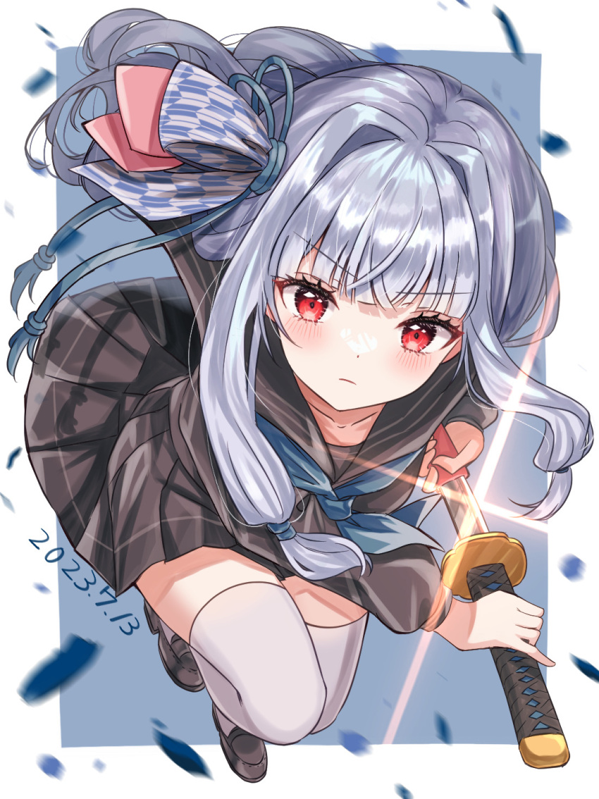 1girl blue_background blue_hair blue_neckerchief border closed_mouth dated glint grey_sailor_collar grey_serafuku grey_shirt grey_skirt hair_intakes hair_ribbon hasei_(hasei01) highres holding holding_sword holding_weapon katana kotonoha_aoi light_blue_hair loafers long_hair long_sleeves looking_at_viewer miniskirt neckerchief outside_border petals pleated_skirt red_eyes ribbon sailor_collar school_uniform serafuku sheath shirt shoes skirt solo sword thighhighs unsheathing v-shaped_eyebrows voiceroid weapon white_border white_thighhighs yagasuri zettai_ryouiki