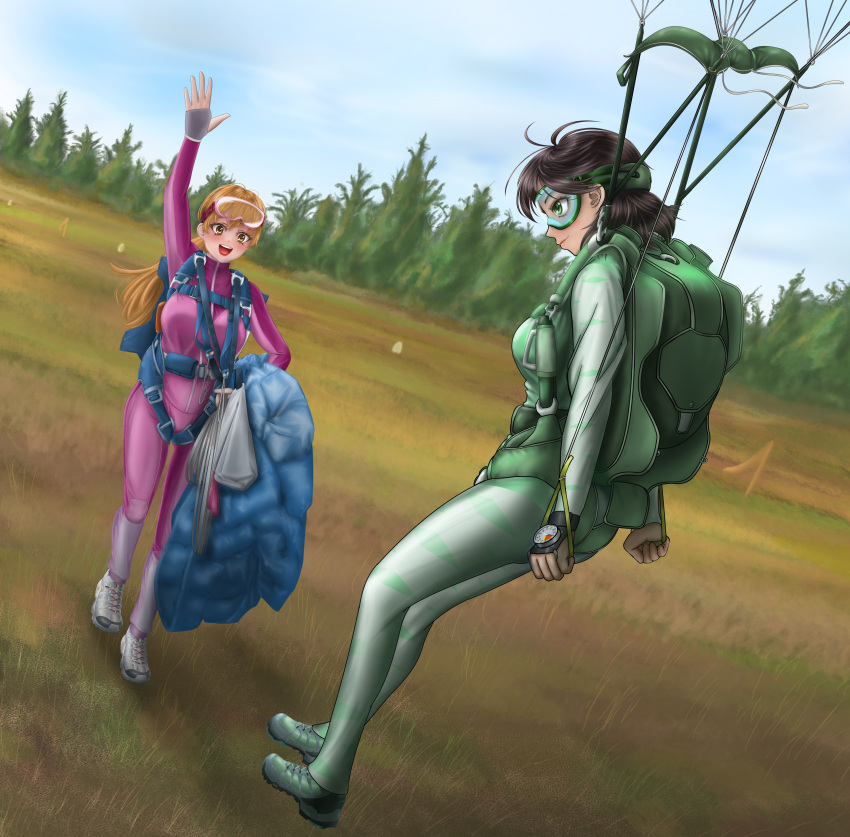 2girls absurdres blue_sky brown_eyes brown_hair commission dark-skinned_female dark_skin dutch_angle field goggles green_eyes green_jumpsuit harness highres ink_b.p. jumpsuit maya_(phallen1) multiple_girls orange_hair original parachute pink_jumpsuit pixiv_commission sadie_(phallen1) shoes sky skydive smile sneakers tree