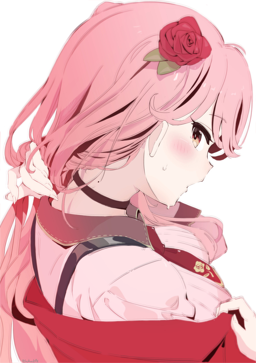 1girl absurdres black_choker blush breasts choker english_commentary flower from_side hair_flower hair_ornament hair_tucking hdukl highres long_hair looking_at_viewer looking_back medium_breasts mole mole_on_neck nape nijisanji nijisanji_en off_shoulder pink_hair profile red_flower red_rose red_tie removing_jacket rose rosemi_lovelock rosemi_lovelock_(2nd_costume) simple_background solo suspenders sweat white_background