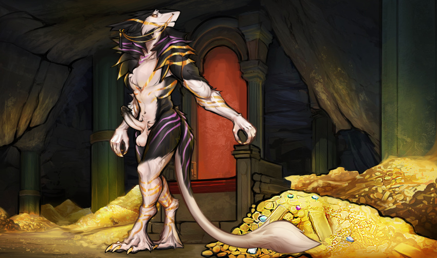 allanthesergal52_(artist) anthro balls cave chair claws coin fluffy fur furniture genitals gold hi_res jewelry kaikyo male paws penis sergal solo standing tail throne