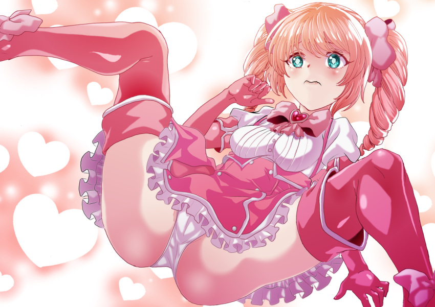 1girl arm_support arm_up blue_eyes blush boots bow bowtie breasts closed_mouth commentary_request dress drill_hair feet_out_of_frame frilled_dress frills gem gloves hair_bow hanabishi_haruka heart heart-shaped_gem heart_background knees_up looking_to_the_side lying magia_magenta mahou_shoujo_ni_akogarete medium_breasts medium_hair on_back panties pinafore_dress pink_bow pink_bowtie pink_dress pink_footwear pink_gloves pink_hair red_background red_gemstone rurukichi shirt sleeveless sleeveless_dress solo spread_legs thigh_boots twintails underwear white_panties white_shirt