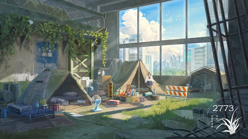 artist_logo backpack bag barrel bed blue_skirt blue_sky bottle box cardboard_box cloud electric_fan grass highres indoors neckerchief no_humans original overgrown red_neckerchief scenery school_uniform serafuku skirt sky tent window xingzhi_lv