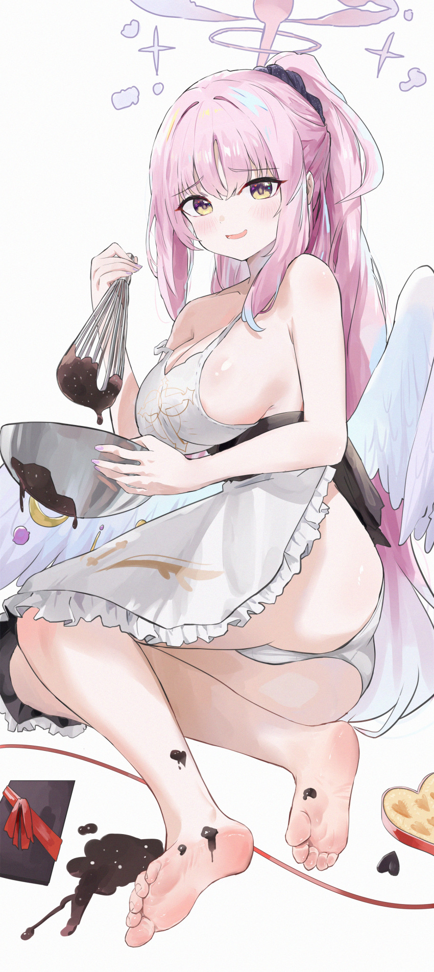 1girl absurdres angel_wings apron ass barefoot blue_archive blush breasts chocolate chocolate_on_body cleavage collarbone feathered_wings food_on_body frilled_apron frills halo highres jsscj large_breasts long_hair looking_at_viewer mika_(blue_archive) open_mouth panties pink_hair pink_halo simple_background soles solo toes underwear whisk white_apron white_background white_panties white_wings wings yellow_eyes