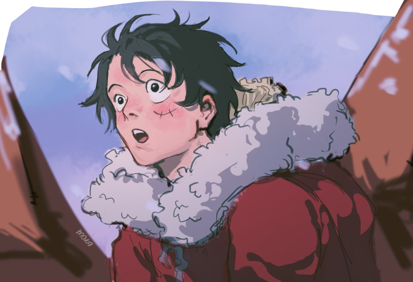 1boy black_hair close-up coat commentary english_commentary fur_hoodie highres hood hooded_coat looking_up m0kaccinoh male_focus monkey_d._luffy one_piece open_mouth red_coat scar scar_on_face short_hair solo