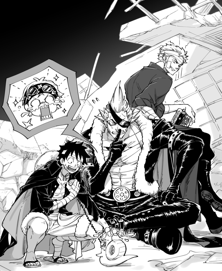 4boys cape chabo_(niwatori_bosori) commentary_request crying eye_mask greyscale hat headband highres koby_(one_piece) male_focus monkey_d._luffy monochrome multiple_boys one_piece profile roronoa_zoro sandals sash scar scar_on_face short_hair shorts smile snail straw_hat sword weapon x_drake