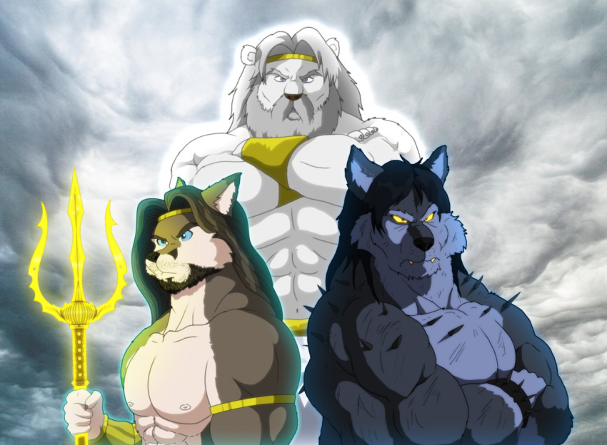 2017 abs anthro beard brown_hair building canid canine canis cloud digital_media_(artwork) european_mythology facial_hair felid fur glowing greek_mythology group hades hades_(xxsparcoxx) hair lion male mammal melee_weapon multicolored_body multicolored_fur muscular muscular_anthro muscular_male mythology pantherine polearm poseidon poseidon_(xxsparcoxx) trident trio two_tone_body two_tone_fur weapon white_body white_fur wolf xxsparcoxx zeus zeus_(xxsparcoxx)