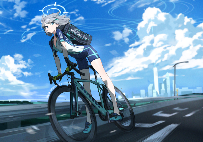 1girl absurdres animal_ears backpack bag bare_legs bicycle blue_archive blue_eyes blue_shorts breasts closed_mouth cloud cloudy_sky cycling_uniform day extra_ears full_body gloves green_gloves grey_hair hair_ornament highres medium_breasts outdoors riding riding_bicycle shiroko_(blue_archive) shiroko_(cycling)_(blue_archive) shoes short_sleeves shorts sideways_glance sky solo tizibade