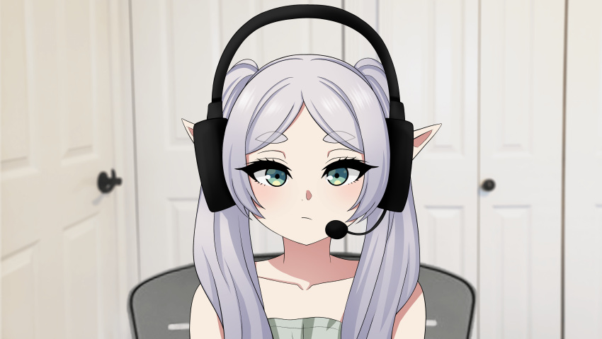 1girl absurdres elf expressionless frieren green_eyes grey_hair headphones highres indoors meme microphone pointy_ears sad_linus_(meme) solo sousou_no_frieren the_only_shoe twintails