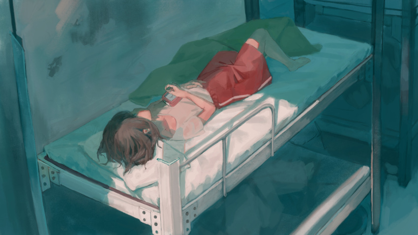 1girl alarm_clock barefoot bed blanket brown_hair bunk_bed clock green_eyes indoors lying on_back on_bed original others pillow railing red_shorts shadow shirt short_hair short_sleeves shorts solo_focus white_shirt wide_shot