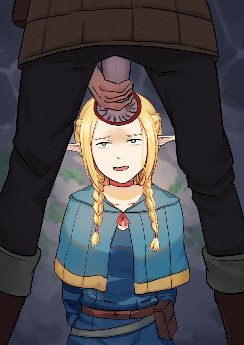 1boy 1girl absurdres black_pants blonde_hair blue_capelet blue_robe braid capelet choker dungeon_meshi green_eyes hetero highres holding holding_mushroom marcille_donato multiple_braids mushroom open_mouth pants phallic_symbol red_choker robe winson