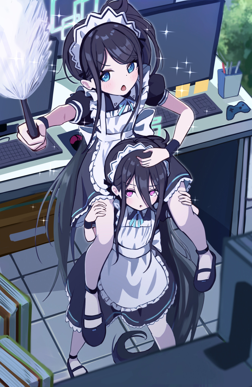 &lt;key&gt;_(blue_archive) 2girls absurdly_long_hair absurdres alternate_costume apron aris_(blue_archive) aris_(maid)_(blue_archive) black_dress black_footwear black_hair blue_archive blue_eyes blush book commentary controller dress duster enmaided frilled_apron frills game_controller green_halo halo highres keyboard_(computer) long_hair maid maid_apron maid_headdress monitor multiple_girls official_alternate_costume open_mouth ponytail red_eyes ringed_eyes shoes short_sleeves thomason366 very_long_hair white_apron