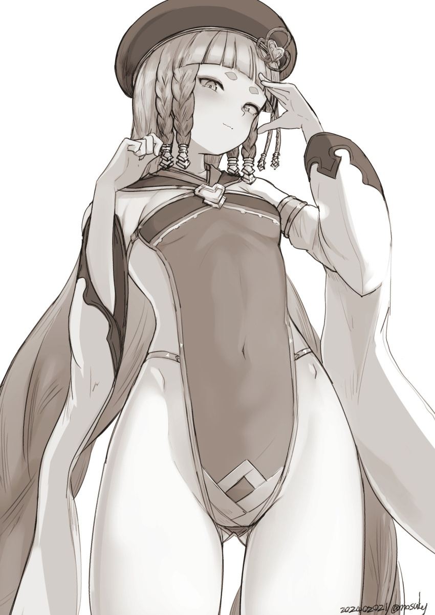 1girl armlet ass_visible_through_thighs bare_shoulders beret blunt_bangs blush braid breasts covered_navel detached_sleeves erune eyeliner granblue_fantasy greyscale hat highleg highleg_leotard highres leotard long_hair looking_at_viewer makeup monochrome nosuku pholia short_eyebrows side_braids sideless_leotard sideless_outfit small_breasts smile solo thighs very_long_hair wide_sleeves
