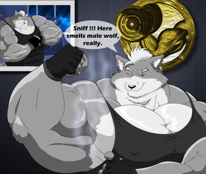 2016 anthro bicep_curl biceps big_muscles canid canine canis clothing digital_media_(artwork) english_text eyes_closed fingerless_gloves fur gloves grey_body grey_fur hair handwear male mammal multicolored_body multicolored_fur muscular muscular_anthro muscular_male musk nintendo nipple_outline one_eye_closed scar shirt sleeveless sleeveless_shirt solo speech_bubble star_fox text topwear two_tone_body two_tone_fur vein veiny_muscles weight_bench weights wolf wolf_o'donnell xxsparcoxx