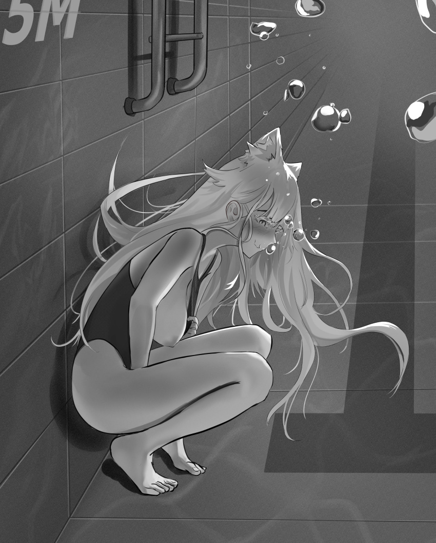 1girl absurdres against_wall air_bubble animal_ear_fluff animal_ears arm_between_legs blush breasts breasts_out bubble cat_ears clothes_pull floating_hair full_body greyscale highres holding_breath large_breasts long_hair looking_at_viewer marima666 monochrome nipples one-piece_swimsuit one-piece_swimsuit_pull original pool pool_ladder solo squatting submerged swimsuit toes underwater white_hair