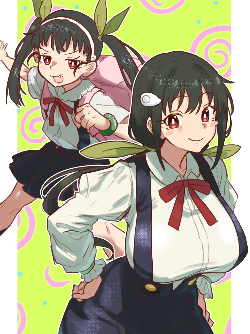 2girls absurdres age_difference aged_up backpack bag bakemonogatari breasts brown_hair ebora green_ribbon hachikuji_mayoi hair_ornament hairclip hands_on_own_hips highres huge_breasts kabukimonogatari long_hair monogatari_(series) multiple_girls ribbon smile smirk time_paradox twintails