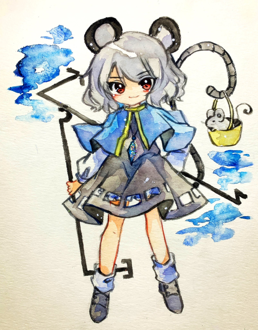 1girl animal animal_ears basket blue_capelet bobby_socks capelet closed_mouth dowsing_rod dress full_body grey_dress grey_footwear grey_hair highres holding holding_basket holding_with_tail key747h legs_apart long_sleeves looking_at_viewer medium_hair mouse mouse_ears mouse_girl mouse_tail nazrin painting_(medium) prehensile_tail red_eyes shoes short_dress smile socks solo standing straight-on tail touhou traditional_media watercolor_(medium) white_background white_socks