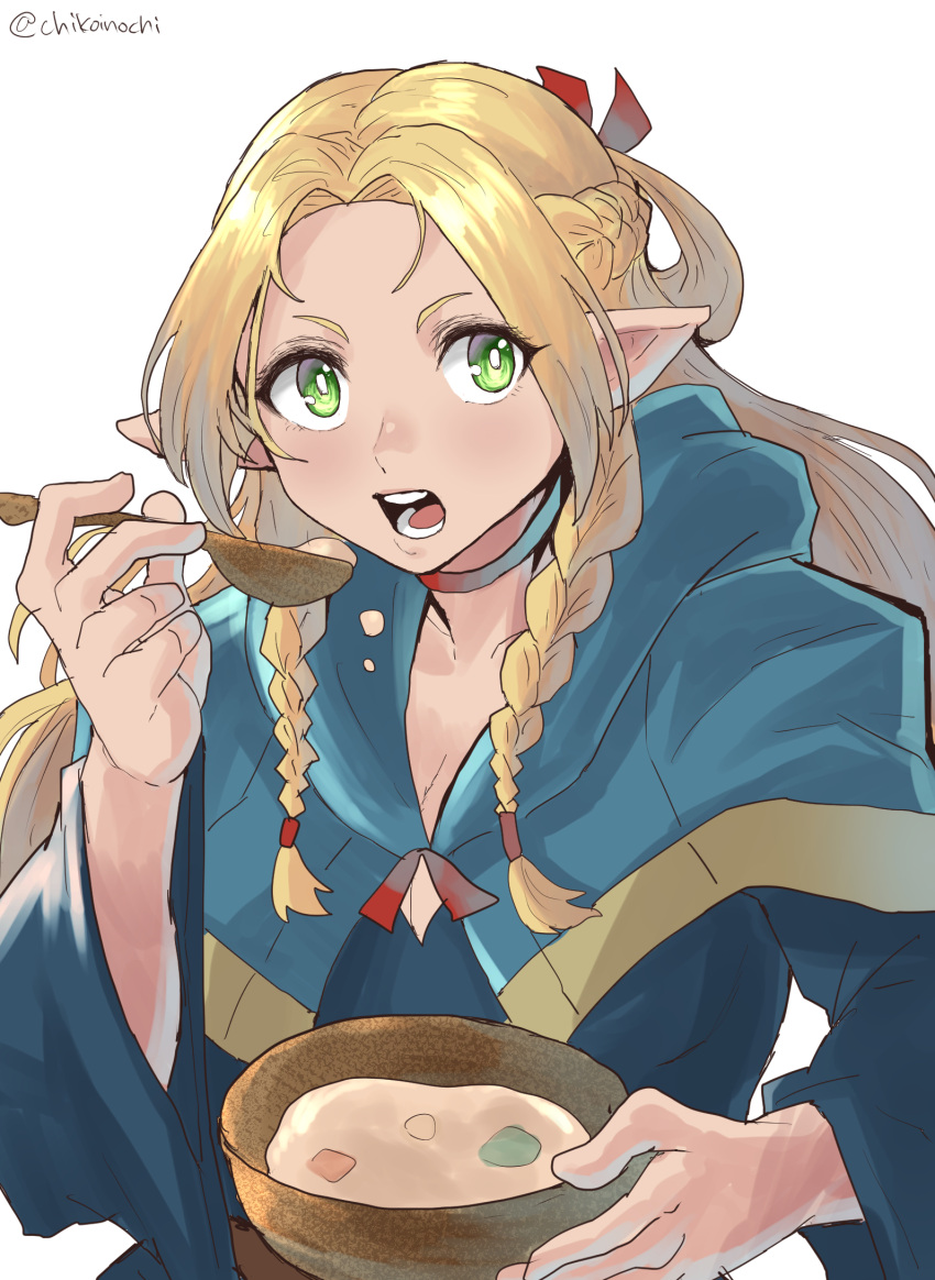 1girl blonde_hair blue_capelet blue_robe bowl braid capelet chikoinochi choker dungeon_meshi elf green_eyes hair_ribbon highres holding holding_bowl holding_spoon marcille_donato multiple_braids open_mouth pointy_ears red_ribbon ribbon robe simple_background solo spoon white_background wooden_bowl wooden_spoon