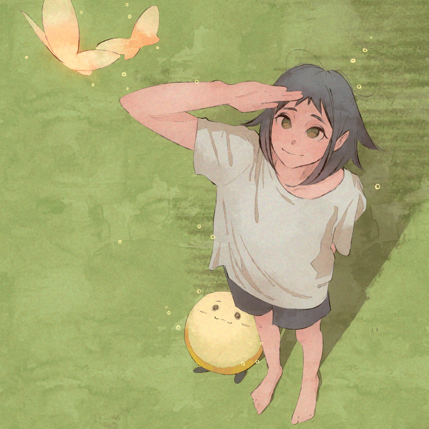 1girl arm_up barefoot black_hair black_shorts brown_eyes bug butterfly closed_mouth creature full_body grass highres light_smile looking_up medium_hair moshimoshibe original salute shadow shirt shorts standing t-shirt white_shirt yellow_butterfly