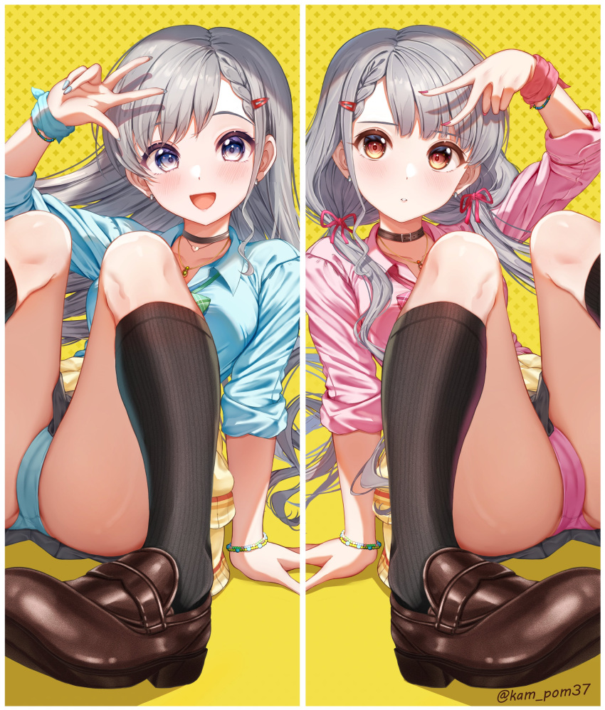 2girls absurdres aqua_panties aqua_shirt arm_up ass asymmetrical_bangs black_choker black_socks blush bracelet braid braided_bangs brown_footwear cameltoe choker collarbone fingernails gyaru highres hisakawa_hayate hisakawa_nagi idolmaster idolmaster_cinderella_girls jewelry kneehighs knees_up kogal looking_at_viewer miroir_(idolmaster) multiple_girls nail_polish open_collar panties pantyshot patterned_background pink_panties pink_shirt shirt siblings sisters sitting smile socks twins twintails twitter_username underwear v w yellow_background yugao_(kam_pom37)