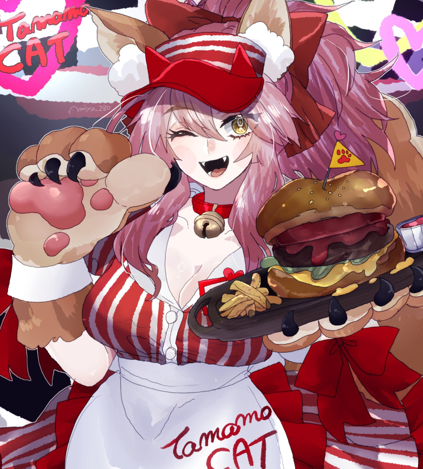 1girl animal_ear_fluff animal_ears animal_hands bell blush breasts burger cat_paws cleavage collar collarbone dress fangs fate/grand_order fate_(series) food fox_ears fox_girl fox_tail french_fries gloves heart highres jingle_bell large_breasts long_hair looking_at_viewer miya_28o neck_bell one_eye_closed open_mouth paw_gloves pink_hair ponytail solo striped_clothes striped_dress tail tamamo_(fate) tamamo_cat_(fate) tamamo_cat_(lostroom_outfit)_(fate) visor_cap yellow_eyes