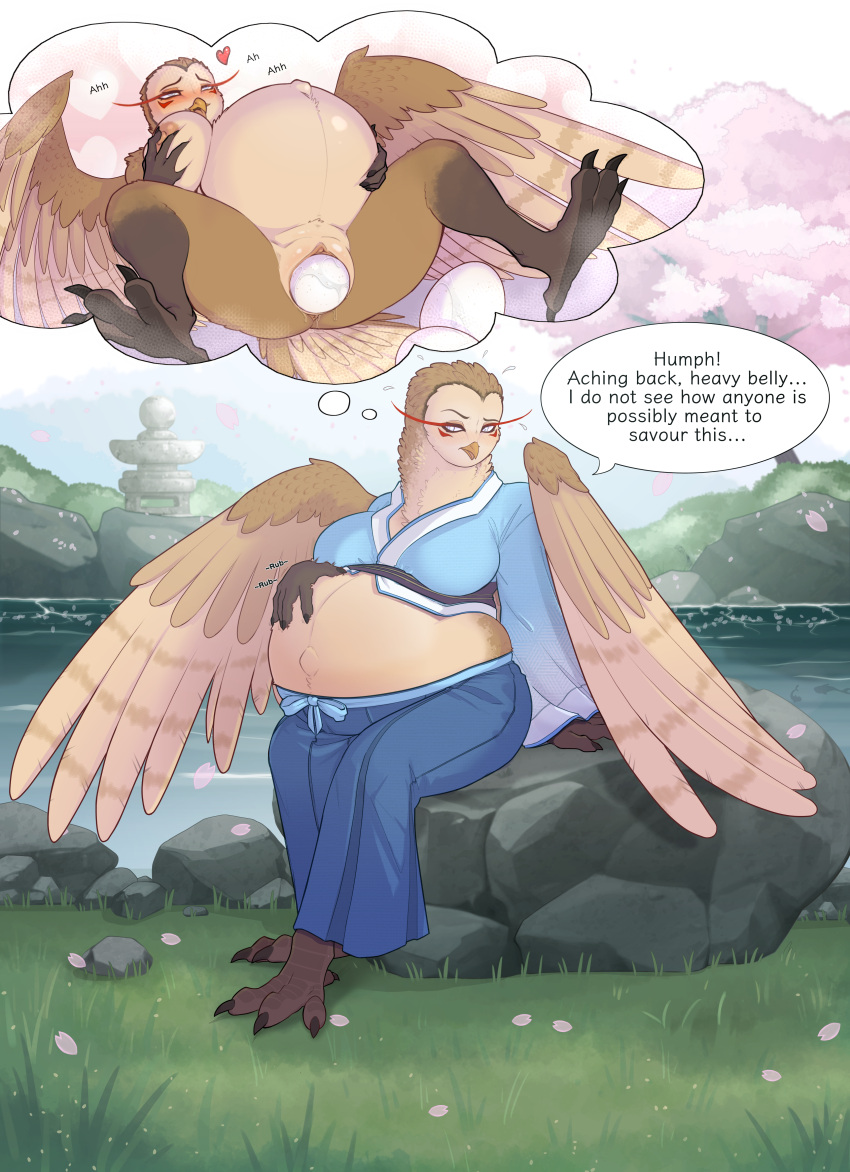 &lt;3 2024 absurd_res anthro avian barefoot barn_owl beak belly big_belly big_breasts bird blue_eyes blush bottomwear breasts brown_body brown_feathers clitoris clothed clothing day dialogue egg english_text eyebrows feathers feet female fingers genitals hand_on_own_belly hand_on_own_breast hi_res holding_breast hou_suyin_(icecreamcoconuts) masked_owl moan non-mammal_breasts onomatopoeia outside oviposition owl papa_soul plant pregnant pussy solo sound_effects speech_bubble spread_legs spreading tan_body tan_feathers text thought_bubble topwear tree tytonid water wings