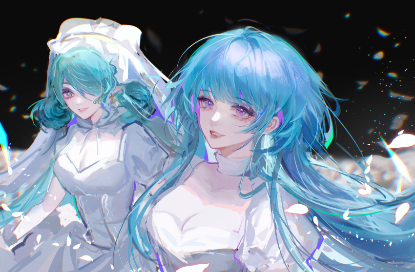 2girls absurdres alternate_costume aqua_hair black_background blue_hair blurry blurry_background breasts bridal_veil chinese_commentary cleavage cleavage_cutout clothing_cutout collarbone commentary dress field flower flower_field glowing glowing_petals grey_eyes hamel_(path_to_nowhere) highres lips long_hair looking_at_viewer looking_to_the_side medium_breasts multiple_girls napuoligua path_to_nowhere petals pointy_ears purple_eyes serpent_(path_to_nowhere) side-by-side slit_pupils veil white_dress white_flower white_headwear white_petals