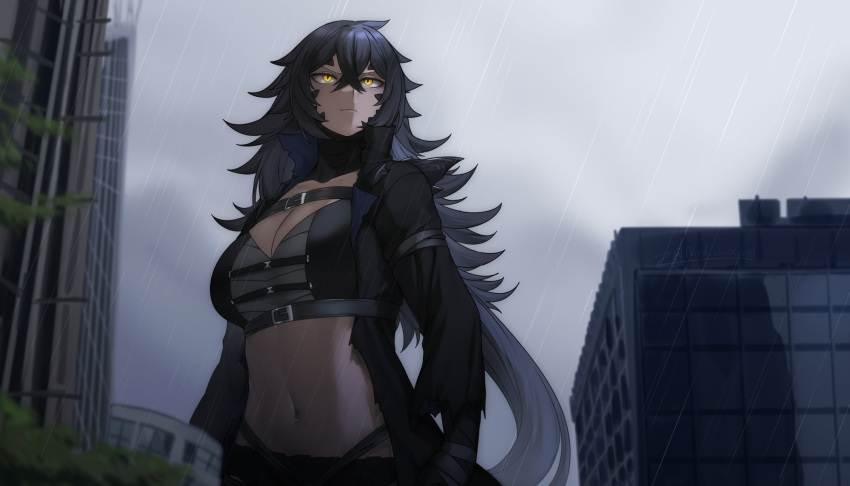 1girl bangs belt black_coat blue_hair breasts building city closed_mouth cloud cloudy_sky coat crossed_bangs derivative_work giant giantess godzilla godzilla_(2014) godzilla_(series) hair_between_eyes higanbana_(fried_chicken) highres long_hair long_sleeves midriff navel personification rain reference_work scales serious sky slit_pupils solo standing