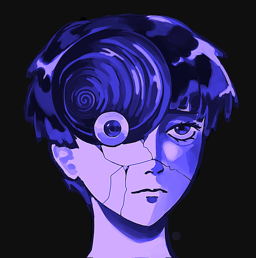 1other black_background blue_hair blue_theme body_horror bowl_cut closed_mouth cracked_skin english_commentary eyeball eyelashes highres hole_in_head houseki_no_kuni looking_ahead mile_(souruichi) other_focus parody phosphophyllite phosphophyllite_(ll) portrait short_hair simple_background solo spiral spoilers uzumaki