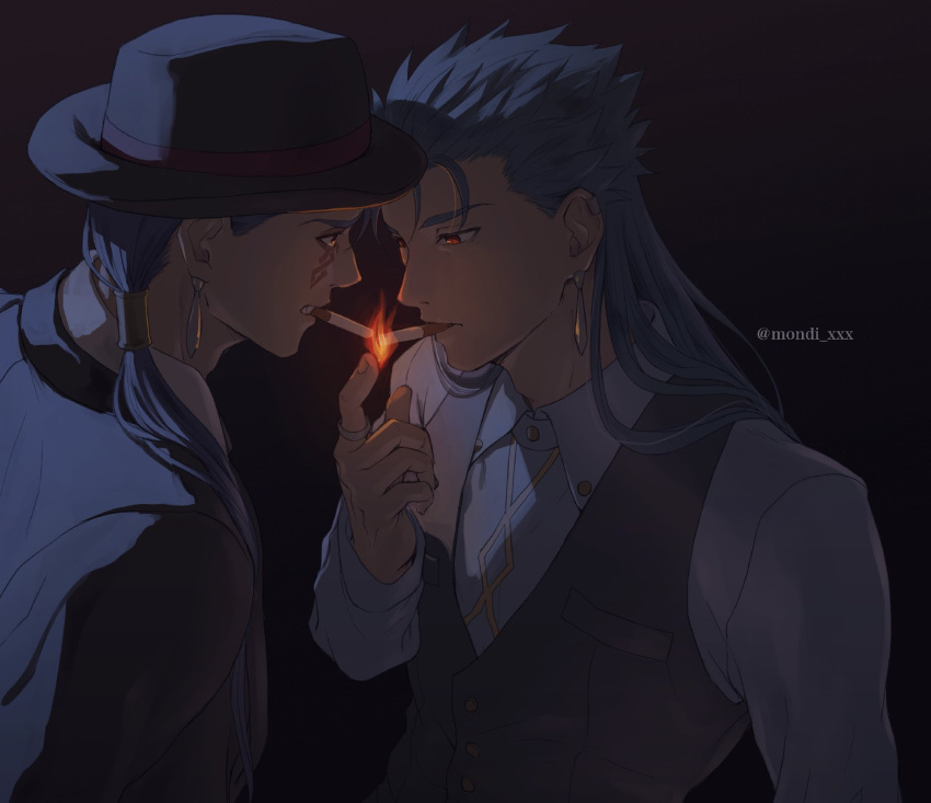 2boys angry beads blue_hair cigarette cigarette_kiss collared_shirt cu_chulainn_(caster)_(fate) cu_chulainn_(fate)_(all) cu_chulainn_alter_(fate/grand_order) dark_blue_hair facepaint fate/grand_order fate_(series) fedora fire hair_beads hair_ornament hat heroic_spirit_formal_dress highres jewelry long_hair long_sleeves looking_at_another magic male_focus mondi_hl multiple_boys multiple_piercings ponytail ring shirt smoking twitter_username vest