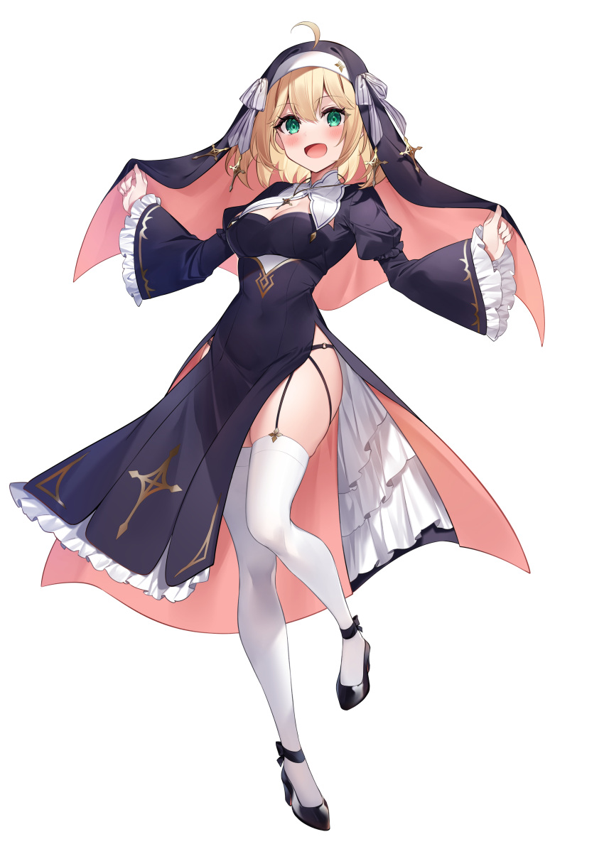 1girl absurdres ahoge black_dress black_footwear black_veil blonde_hair blush breasts character_request cleavage cleavage_cutout clothing_cutout dress frilled_sleeves frills green_eyes hair_between_eyes high_heels highres kisaragi_yuri long_sleeves medium_breasts medium_hair nun outstretched_arms pumps side_slit simple_background skindentation solo standing thighhighs veil white_background white_thighhighs wide_sleeves