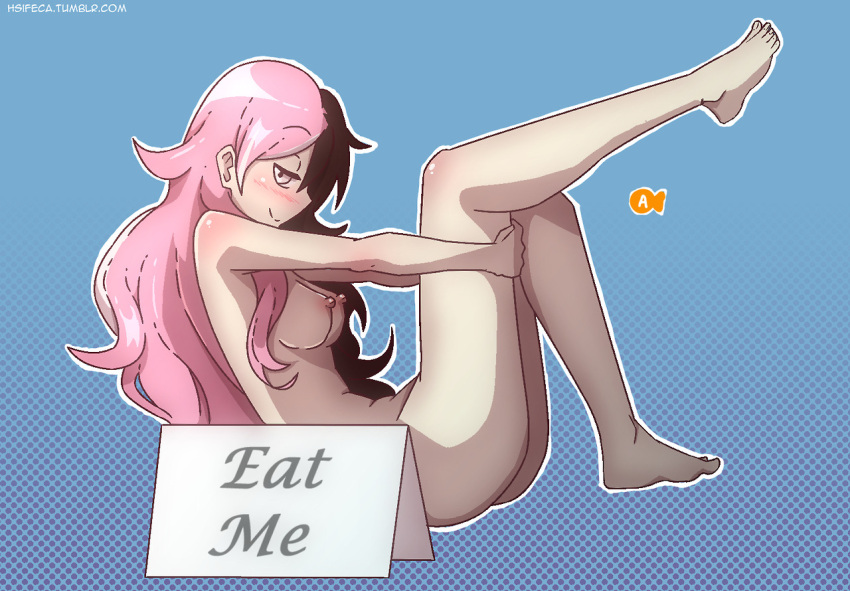 1girl acefish black_hair blue_background blush breasts completely_nude foot_up from_side full_body halftone halftone_background hugging_own_legs knees_up long_hair looking_at_viewer medium_breasts multicolored_hair neo_politan nipples nose_blush nude pink_eyes pink_hair rwby sign sitting smile solo split-color_hair tumblr_username