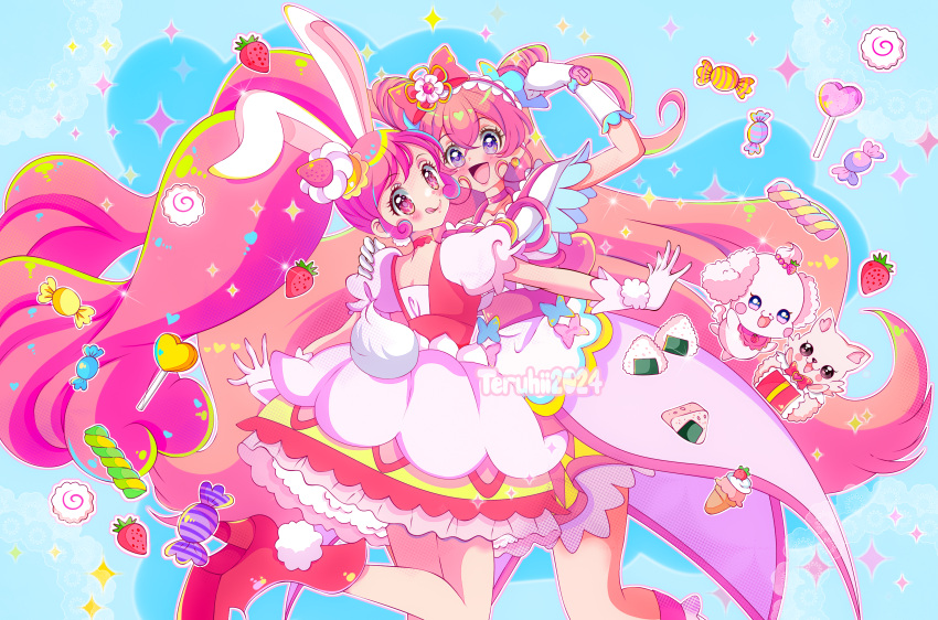 2girls :q absurdres animal_ears artist_name big_hair boots bow brooch cake candy choker commentary cone_hair_bun cure_precious cure_whip dated delicious_party_precure double_bun dress english_commentary flexing food food-themed_hair_ornament frilled_hairband frills fruit gloves hair_bow hair_bun hair_ornament hairband hand_on_another's_shoulder heart heart_brooch high_heel_boots high_heels highres in-franchise_crossover jewelry kirakira_precure_a_la_mode kome-kome_(precure) leg_up lollipop long_hair looking_at_viewer looking_back magical_girl medium_dress multiple_girls nagomi_yui onigiri open_mouth outstretched_arms pekorin_(precure) pink_choker pink_dress pink_hair precure puffy_short_sleeves puffy_sleeves purple_eyes rabbit_ears rabbit_tail red_choker red_footwear short_dress short_sleeves smile spread_arms standing standing_on_one_leg strawberry strawberry_shortcake tail teruhii tongue tongue_out twintails two_side_up usami_ichika very_long_hair white_gloves