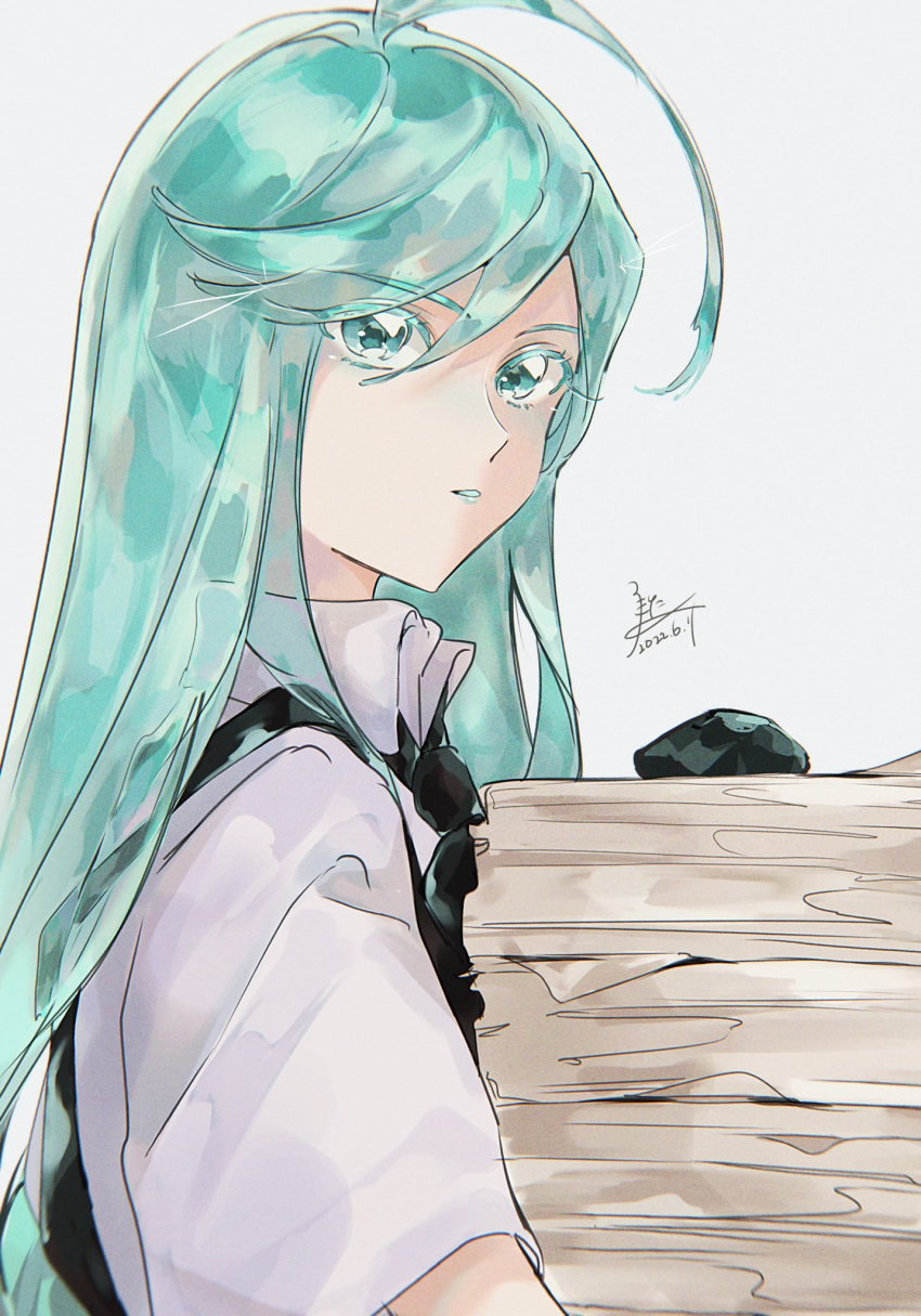 1other ahoge alexandrite_(houseki_no_kuni) androgynous aqua_eyes aqua_hair black_necktie collared_shirt colored_eyelashes crystal_hair dated from_side gem gem_uniform_(houseki_no_kuni) hair_between_eyes hashtag_only_commentary highres houseki_no_kuni long_hair looking_to_the_side necktie other_focus paper_stack rokipanda shirt signature simple_background solo translucent_hair upper_body white_shirt