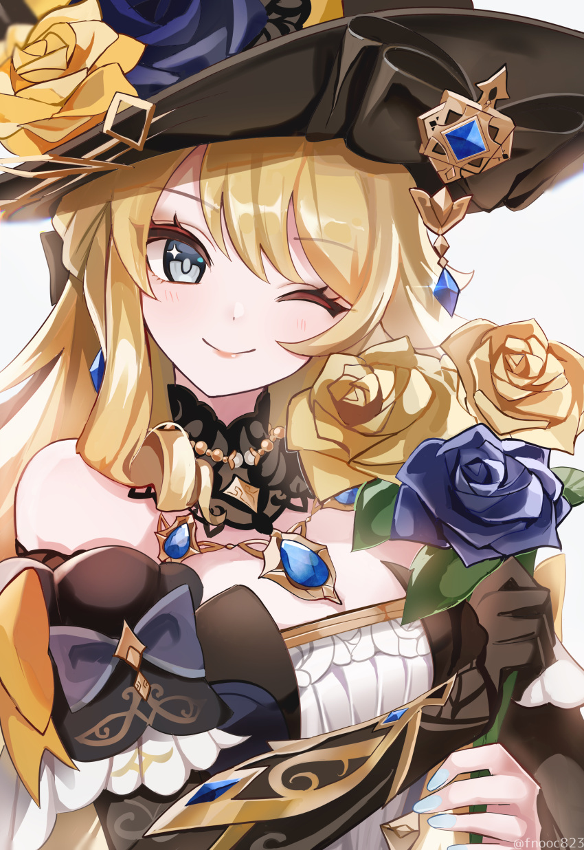 1girl absurdres black_headwear blonde_hair blue_bow blue_eyes blue_flower blue_gemstone bow breasts chaena_(exmd3552) closed_mouth detached_sleeves dress flower gem genshin_impact hat hat_flower highres holding holding_flower jewelry light_smile long_hair looking_at_viewer navia_(genshin_impact) off-shoulder_dress off_shoulder one_eye_closed simple_background solo upper_body white_background yellow_bow yellow_flower