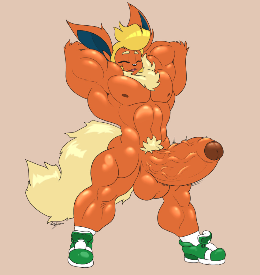 2023 anthro big_penis blonde_hair colesutra digital_media_(artwork) eeveelution eyes_closed flareon fluffy fluffy_tail fur generation_1_pokemon genitals green_sneakers hair hi_res huge_penis humanoid_genitalia humanoid_penis jacob_(colesutra) male mammal muscular nintendo open_mouth orange_body orange_fur penis pokemon pokemon_(species) pubes signature simple_background sneakers_only solo tail yellow_body yellow_fur
