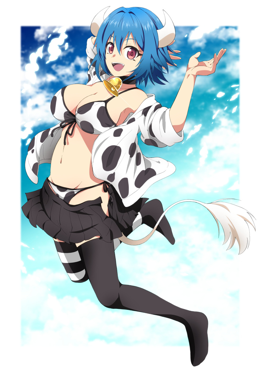 1girl absurdres animal_print bell bikini black_skirt breasts cleavage cow_girl cow_horns cow_print cow_print_bikini cow_tail cowbell highres horns jashin-chan_dropkick large_breasts looking_at_viewer miniskirt minos_(jashin-chan_dropkick) navel neck_bell open_mouth print_bikini red_eyes side-tie_bikini_bottom skirt sky smile solo swimsuit tail thighhighs yuuki_shushu