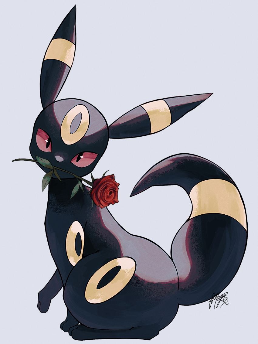 black_fur colored_sclera flower flower_in_mouth from_side full_body grey_background head_tilt highres kuchiba_(jret2454) looking_at_viewer mouth_hold no_humans pokemon pokemon_(creature) pokemon_gsc red_flower red_rose red_sclera rose signature simple_background umbreon