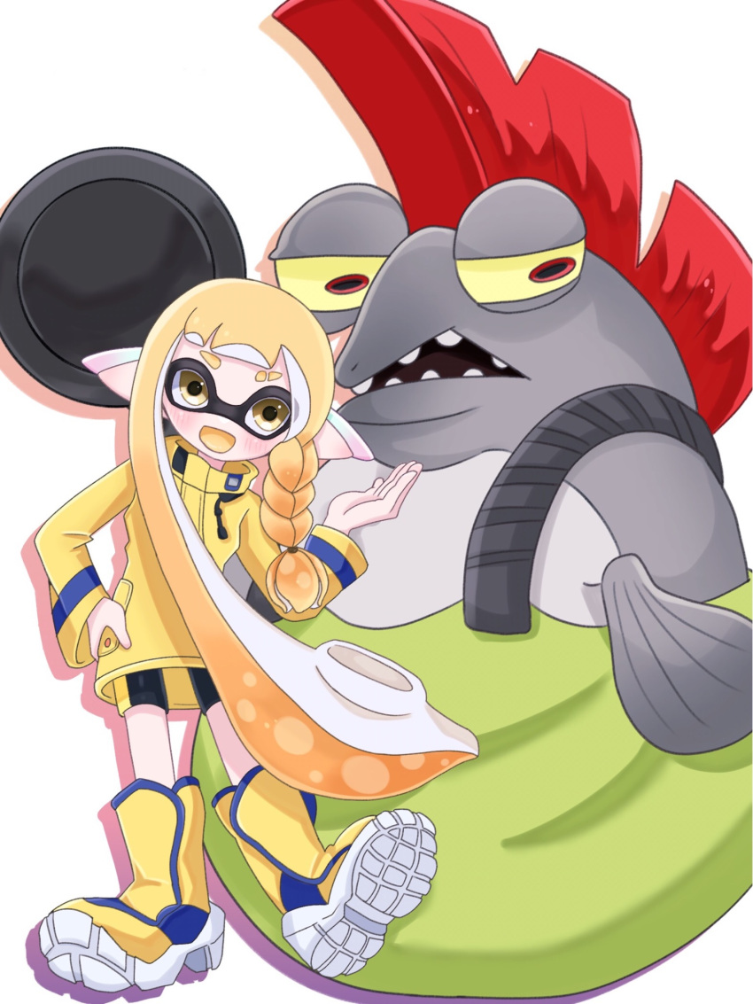 1girl bike_shorts blonde_hair boots braid braided_sidelock cohock_(splatoon) commentary_request eyebrow_cut frying_pan full_body highres holding_pan inkling inkling_girl inkling_player_character jacket long_hair looking_at_viewer mohawk open_mouth pointy_ears red_eyes red_hair simple_background single_braid sleeves_past_wrists smile splatoon_(series) splatoon_3 standing teeth tentacle_hair thick_eyebrows tonbofree very_long_hair white_background yellow_eyes yellow_footwear yellow_jacket