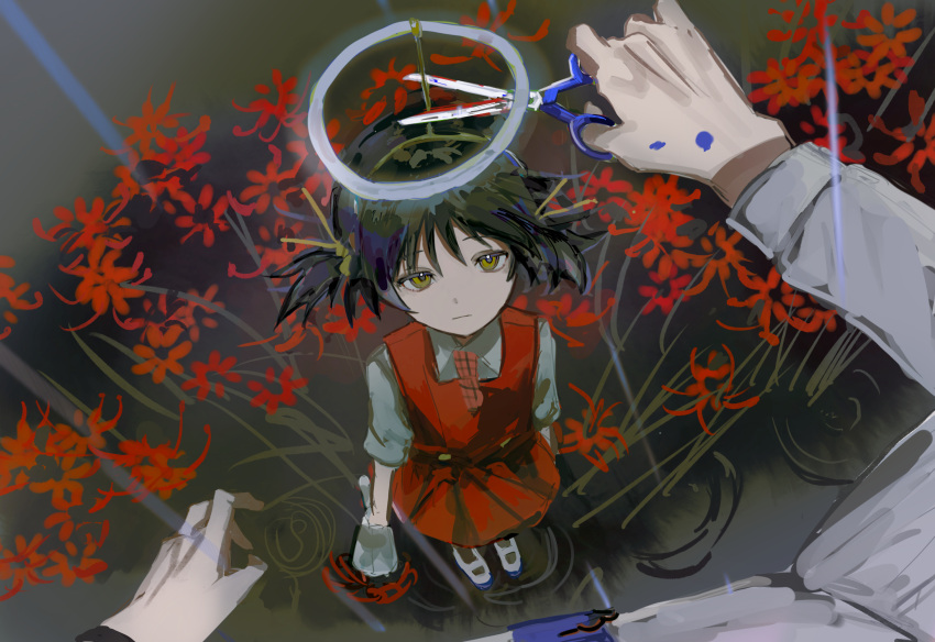 1boy 1girl black_hair blue_necktie closed_mouth collared_shirt commentary_request dress expressionless fake_halo flower from_above grey_shirt gureru_(r_grey1204) half-closed_eyes halo highres hiyama_kiyoteru holding holding_scissors holding_watering_can kaai_yuki long_sleeves looking_at_viewer looking_down looking_up necktie outdoors pinafore_dress plaid_necktie pov rain red_dress red_necktie scissors shirt shoes short_hair short_necktie short_sleeves short_twintails sleeveless sleeveless_dress spider_lily standing twintails uwabaki vocaloid watering_can yellow_eyes