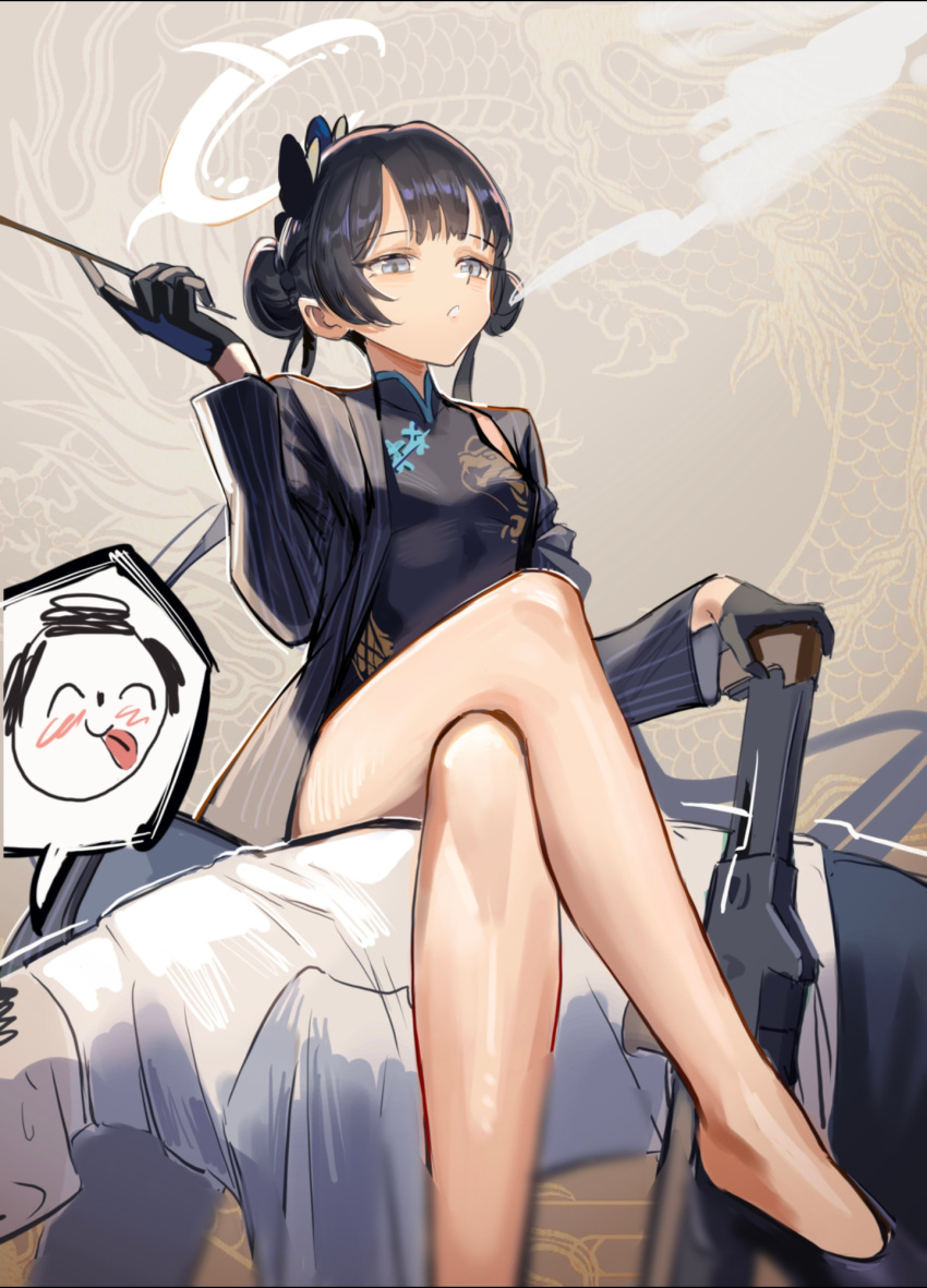 1boy 1girl 8873206812 :p ^_^ all_fours bad_feet black_dress black_gloves black_hair black_shirt blue_archive blurry blush breasts brown_background china_dress chinese_clothes chinese_commentary closed_eyes commentary_request crossed_legs domination doodle_sensei_(blue_archive) double_bun dress gloves grey_eyes gun hair_bun half-closed_eyes half_gloves halo hand_up highres holding kisaki_(blue_archive) long_hair long_sleeves looking_ahead open_clothes open_shirt parted_lips sensei_(blue_archive) shirt sitting sitting_on_person sketch small_breasts smoke smoking spoken_character striped_clothes striped_shirt tongue tongue_out vertical-striped_clothes vertical-striped_shirt weapon white_halo white_shirt