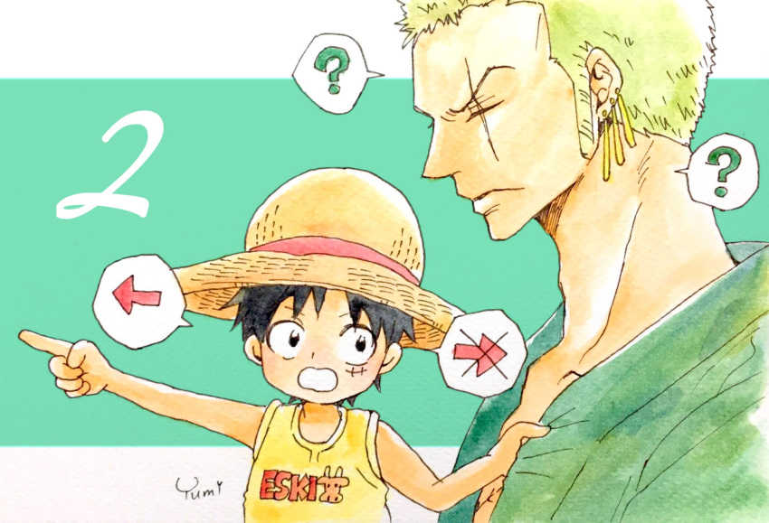 2boys ? arrow_(symbol) artist_name black_hair child close-up earrings green_hair green_kimono hanakotoba28 hat highres holding holding_clothes japanese_clothes jewelry kimono looking_up male_focus monkey_d._luffy multiple_boys one_piece pointing pointing_to_the_side profile roronoa_zoro scar scar_across_eye scar_on_face shirt short_hair sideburns sleeveless sleeveless_shirt straw_hat v-shaped_eyebrows yellow_shirt