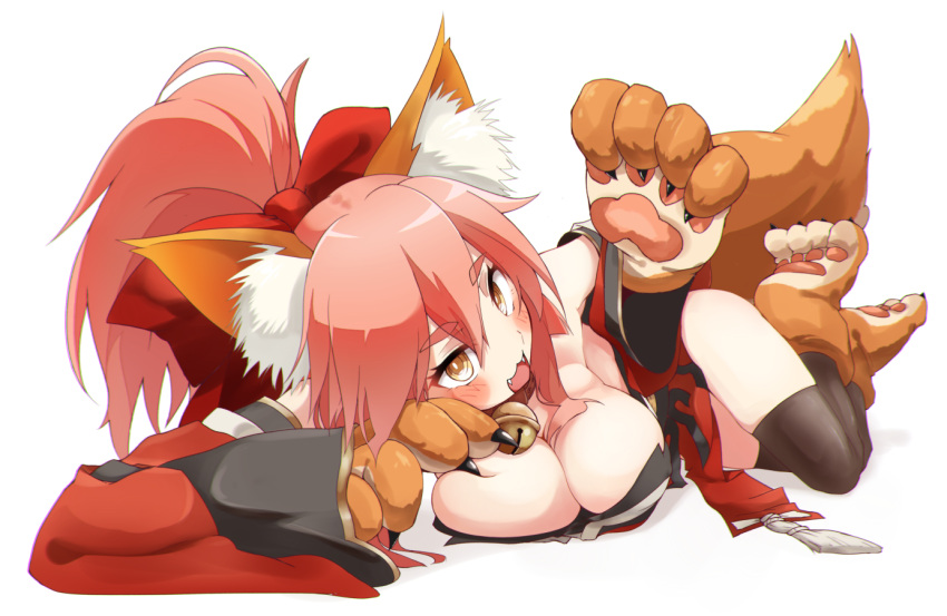 1girl :d animal_ears animal_hands arm_up bare_shoulders bell black_thighhighs bow breasts cleavage collar commentary_request daidaiiro detached_sleeves fangs fate/grand_order fate_(series) feet_up fox_ears fox_girl fox_tail full_body gloves hair_between_eyes hair_bow japanese_clothes jingle_bell kimono long_hair looking_at_viewer lying neck_bell on_side open_mouth paw_gloves paw_shoes ponytail red_bow red_collar red_kimono red_sleeves short_kimono simple_background sleeveless sleeveless_kimono smile solo tail tamamo_(fate) tamamo_cat_(fate) thighhighs white_background yellow_eyes