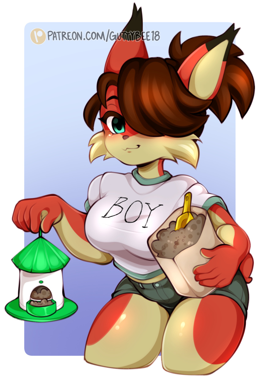 absurd_res anthro bird_feeder bird_seed bottomwear clothing female gobcat guttybee hi_res humanoid riikka shirt shorts solo teal_eyes text text_on_clothing topwear url white_clothing white_shirt white_topwear