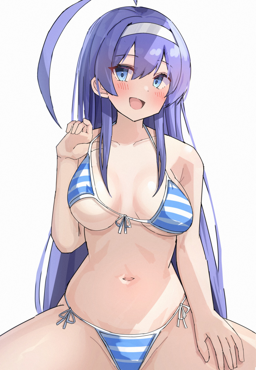 1girl ahoge bare_shoulders bikini blue_bikini blue_eyes blue_hair blush breasts collarbone commentary front-tie_bikini_top front-tie_top highres large_breasts long_hair navel open_mouth orie_ballardiae_harada side-tie_bikini_bottom simple_background smile solo striped_bikini striped_clothes swimsuit tabii under_night_in-birth white_background white_bikini