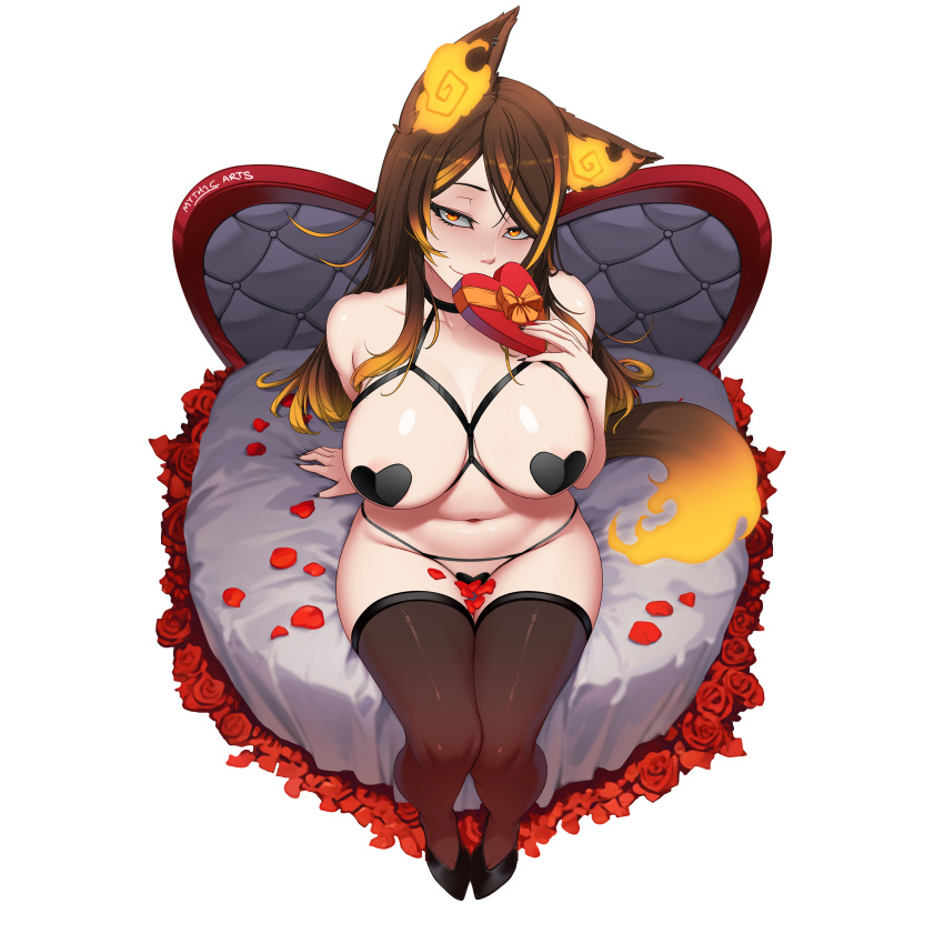 1girl absurdres animal_ears blush box breasts brown_hair candy chocolate fiery_ears flame-tipped_tail food heart heart-shaped_box heart-shaped_chocolate heart_maebari heart_pasties highres holding holding_chocolate holding_food indie_virtual_youtuber jewelry large_breasts long_hair looking_at_viewer maebari multicolored_hair myth1carts navel orange_eyes orange_hair pasties petals sinder_(vtuber) sitting smile solo streaked_hair tail thighhighs valentine virtual_youtuber wolf_ears wolf_girl wolf_tail