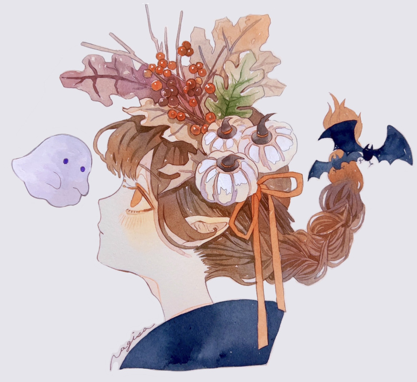 1girl artist_name braid braided_ponytail brown_hair cropped_head floating_hair food-themed_hair_ornament ghost hair_ornament hair_ribbon hat highres leaf leaf_hair_ornament long_hair looking_up no_pupils orange_eyes orange_ribbon original painting_(medium) pointy_ears profile pumpkin pumpkin_hair_ornament ribbon signature solo srnmomo traditional_media upper_body watercolor_(medium) witch_hat