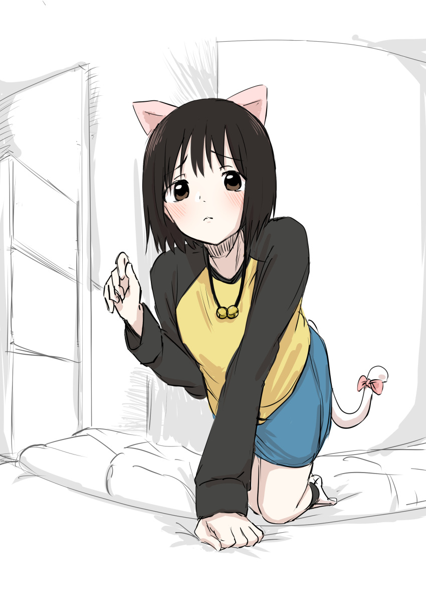 1girl absurdres all_fours animal_ears bell black_hair black_shirt black_sleeves blue_skirt blush bow brown_eyes cat_ears cat_tail closed_mouth commentary_request eyelashes full_body hand_up highres hitodattaniku indoors long_sleeves looking_at_viewer medium_hair nakahara_misaki neck_bell nhk_ni_youkoso! no_shoes pink_bow shirt sketch skirt socks solo tail tail_bow tail_ornament two-tone_shirt white_socks yellow_shirt