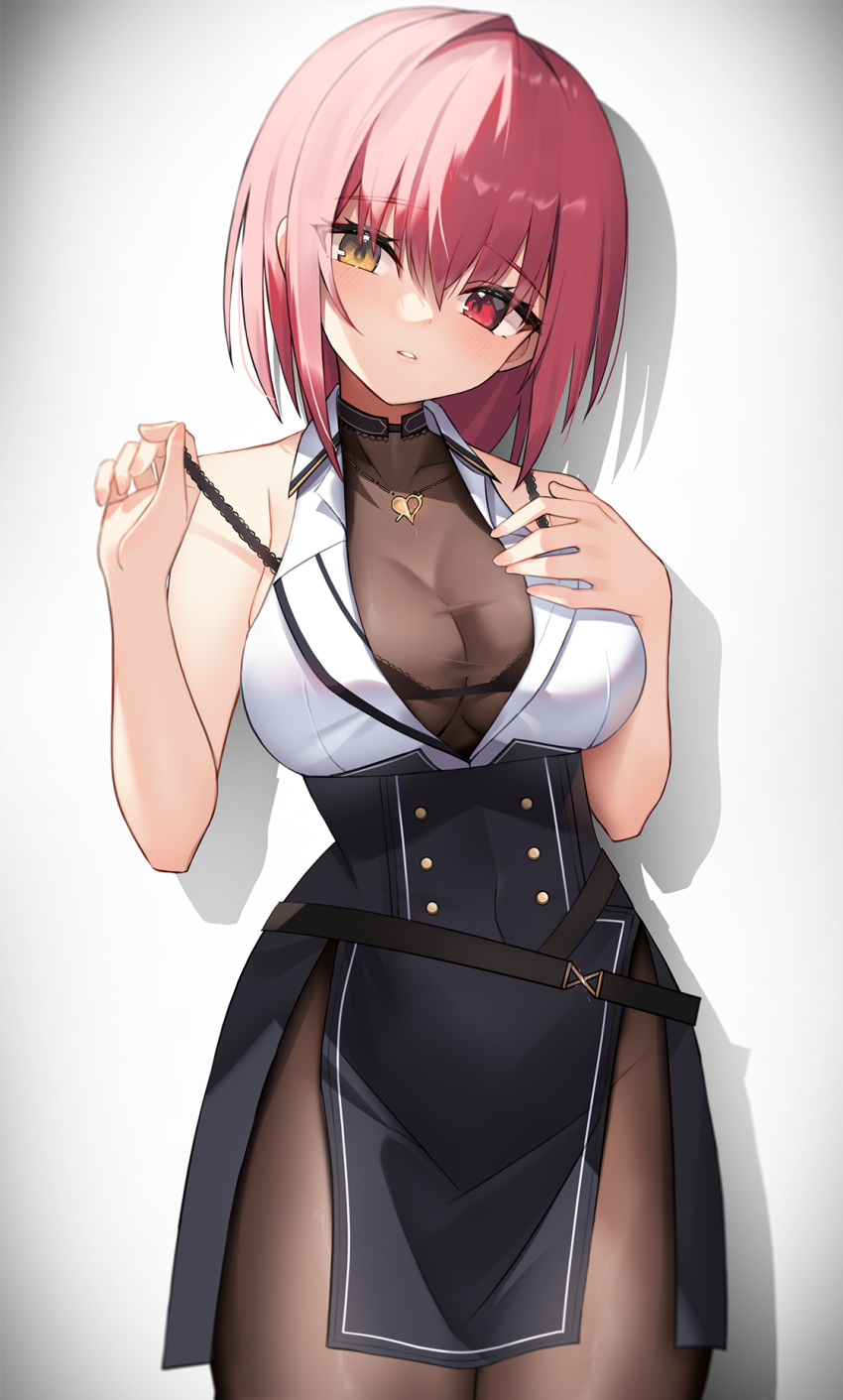 1girl black_skirt blush bodystocking bra breasts buttons cleavage collared_shirt commentary_request cowboy_shot double-breasted hair_between_eyes head_tilt heart heart_necklace heterochromia high-waist_skirt highres hololive houshou_marine houshou_marine_(businesswoman) jewelry lace-trimmed_bra lace_trim large_breasts legs_together looking_at_viewer medium_hair necklace official_alternate_costume official_alternate_hair_length official_alternate_hairstyle parted_lips partially_unbuttoned red_eyes red_hair see-through see-through_cleavage shadow shirt short_hair side_slit skirt sleeveless sleeveless_shirt solo standing strap_pull teeth thomas_8000 underwear virtual_youtuber white_background white_shirt yellow_eyes