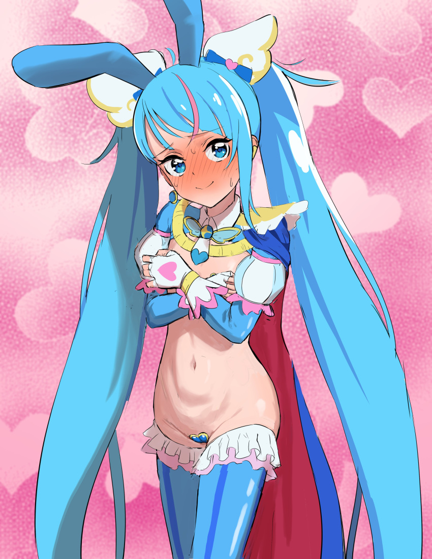 1girl absurdres animal_ears blue_eyes blue_hair blue_thighhighs blush breasts cape commission covering_breasts covering_privates cure_sky detached_sleeves embarrassed fake_animal_ears frilled_thighhighs frills gloves heart_pasties highres hirogaru_sky!_precure long_hair looking_at_viewer meme_attire navel ogi_non pasties precure puffy_detached_sleeves puffy_sleeves rabbit_ears red_cape reverse_bunnysuit reverse_outfit skeb_commission small_breasts solo sora_harewataru sweat thighhighs twintails two-sided_cape two-sided_fabric very_long_hair